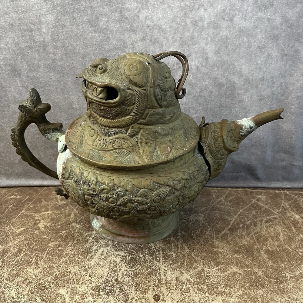 Antique Brass Teapot Mythical Dragon Head Lid Repousse Handcrafted 9" Gold Tone